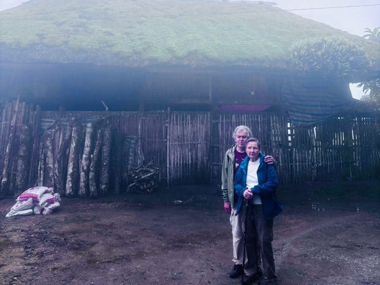 Couple admiring the unique bamboo architecture in Dao Ao Dai Villages