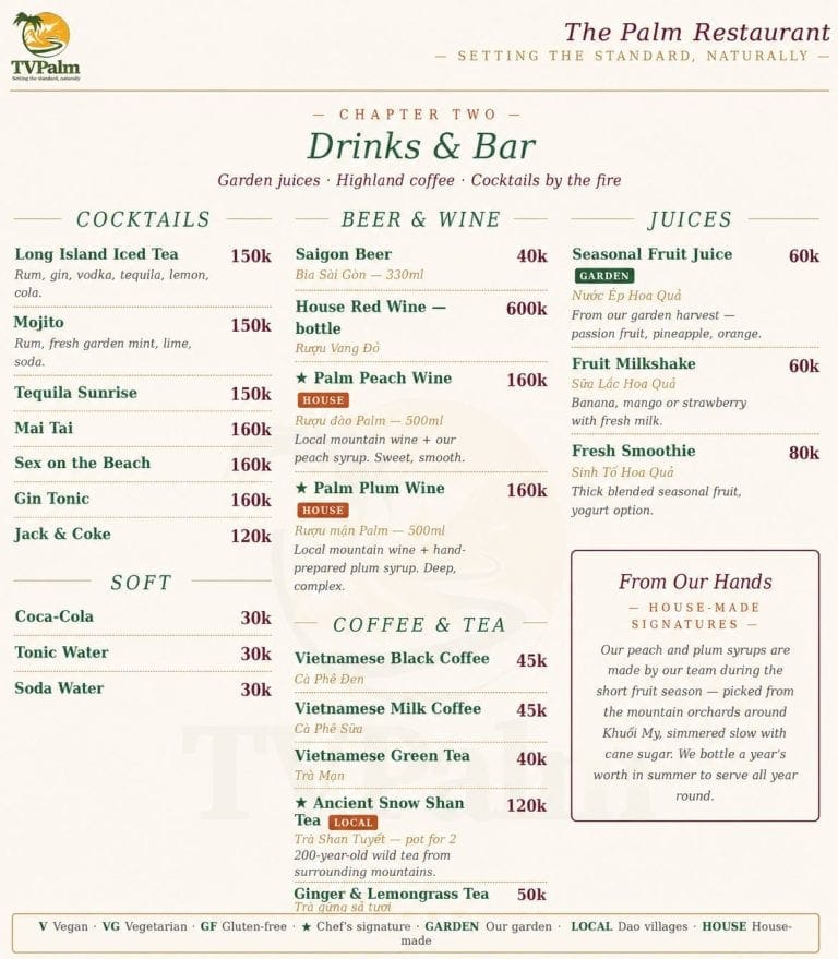 Carte des boissons et du bar
