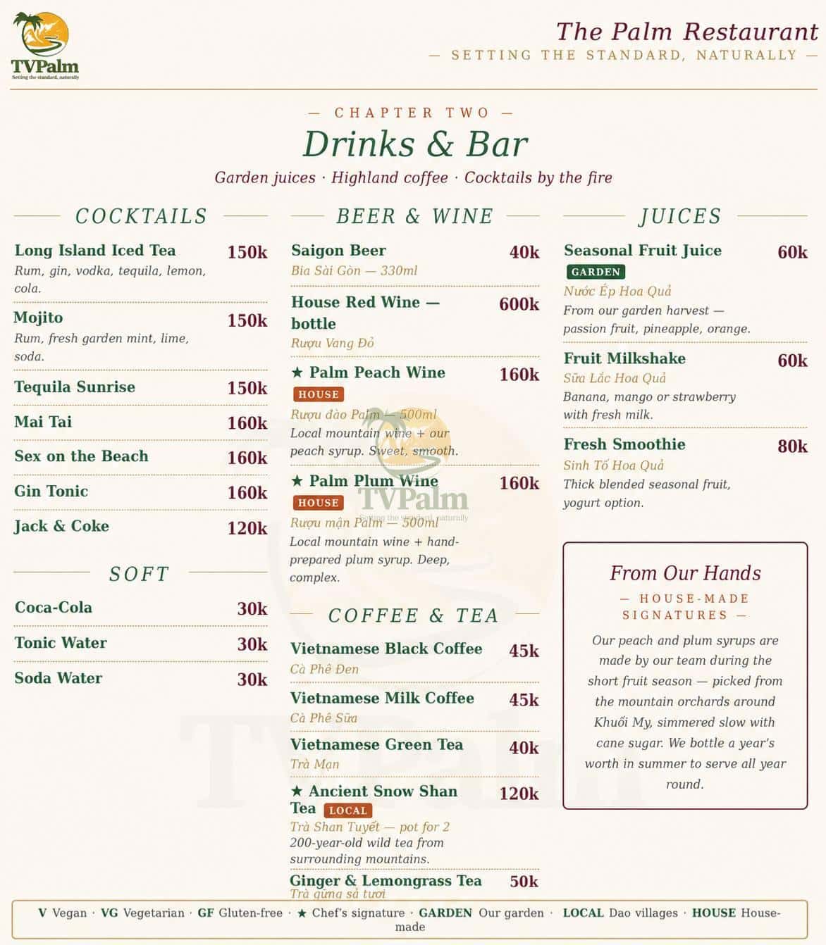 Menu drinks and bar