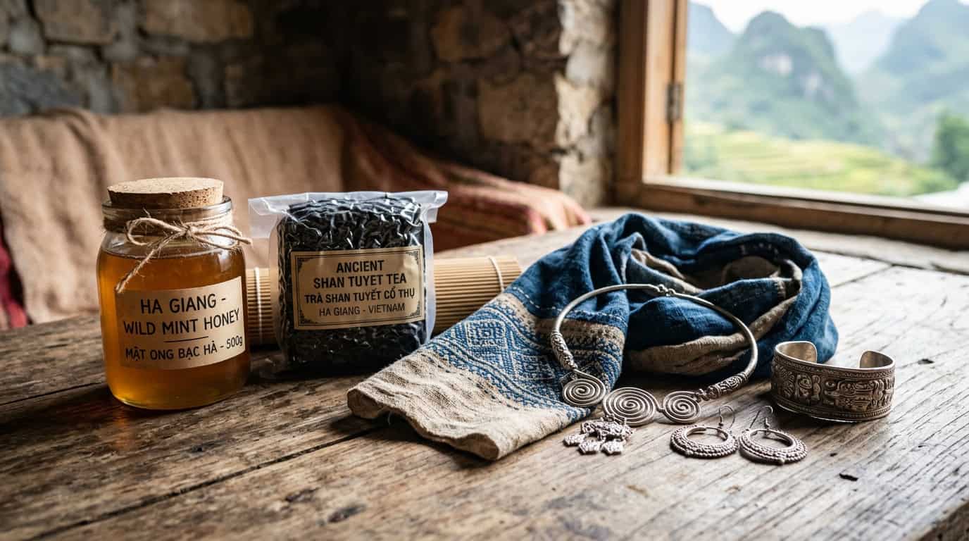 Authentic Ha Giang souvenirs including Dong Van mint honey, Shan Tuyet tea, Lung Tam linen, and Hmong silver jewelry