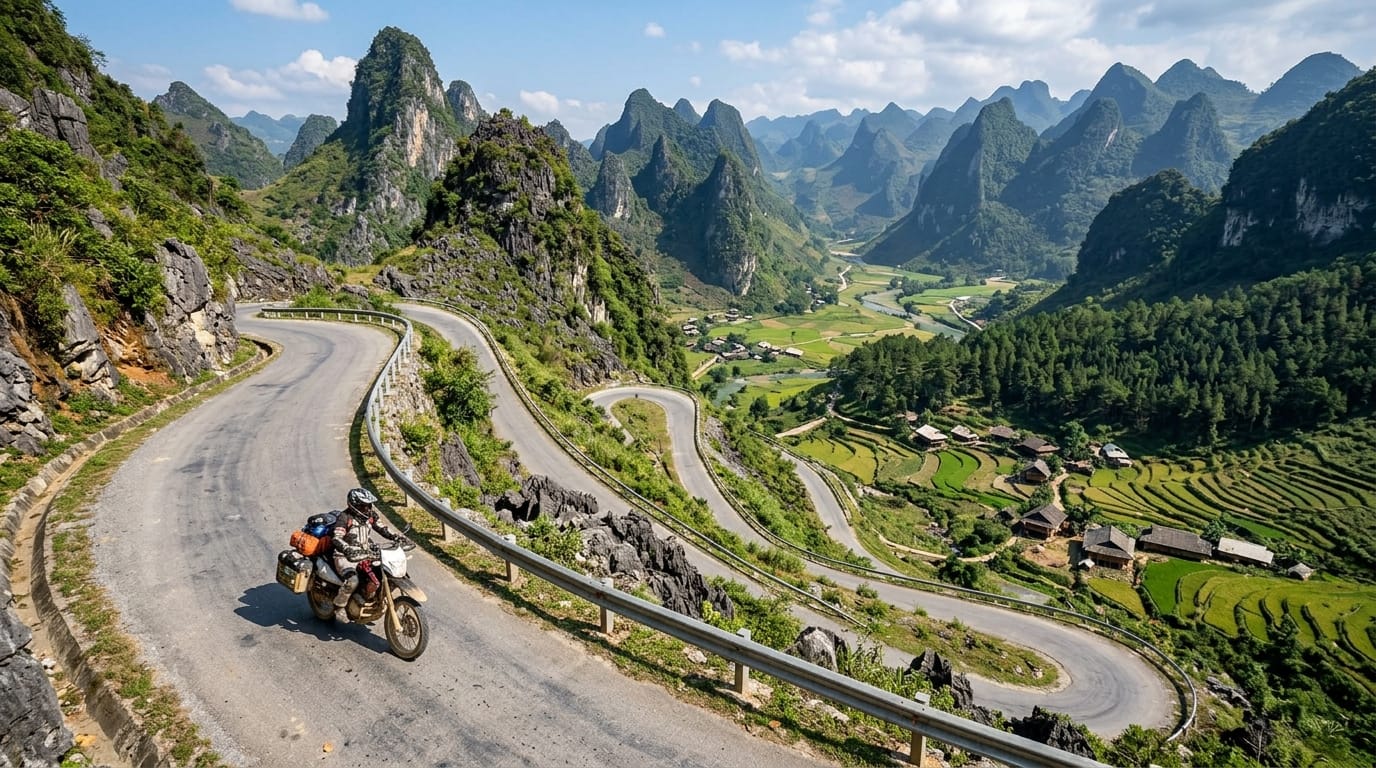 Scenic winding mountain pass road DT176 leading to Du Gia village in Ha Giang