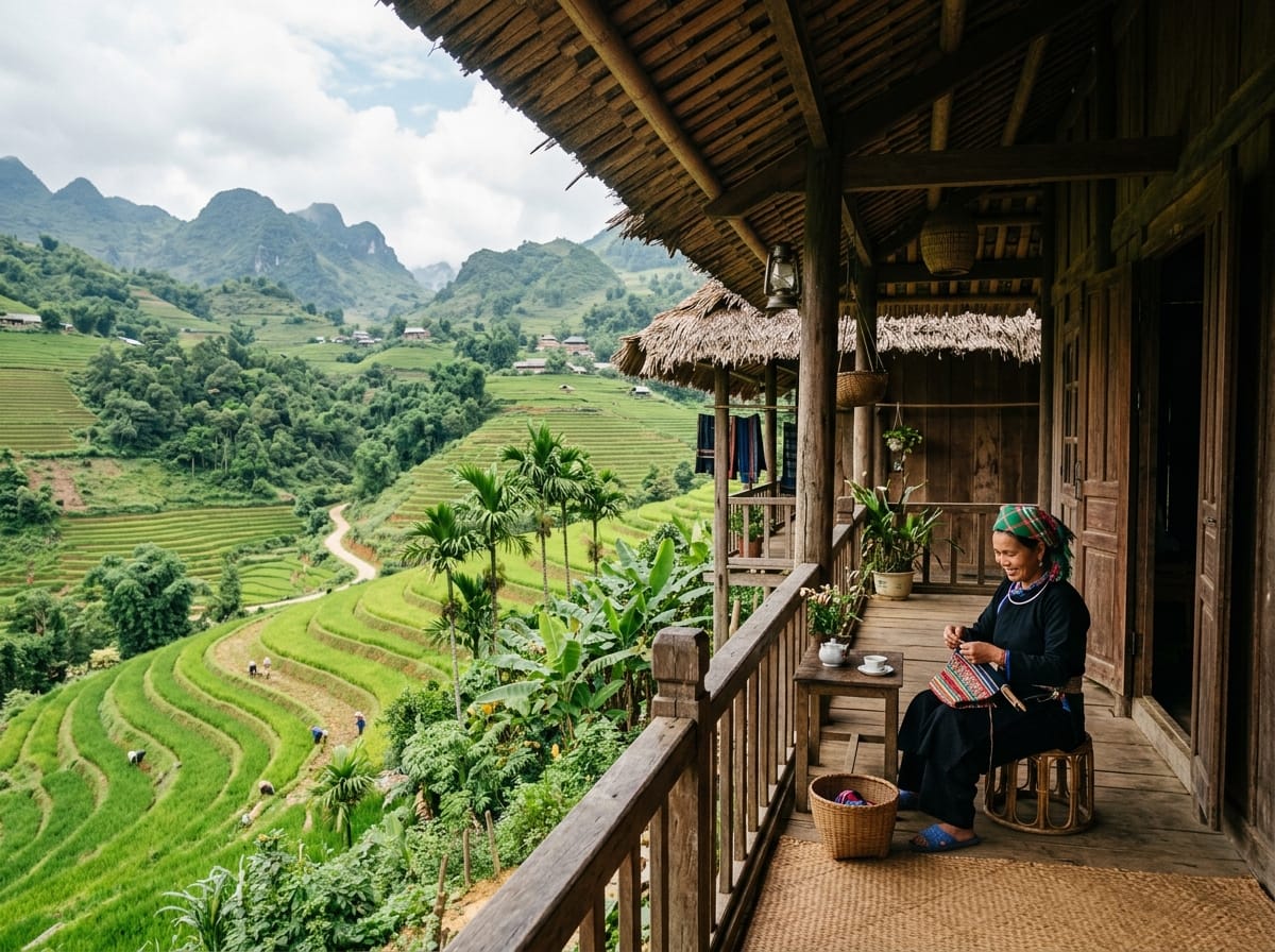 Traditional Tay ethnic wooden stilt house homestay overlooking rice paddies in Du Gia village