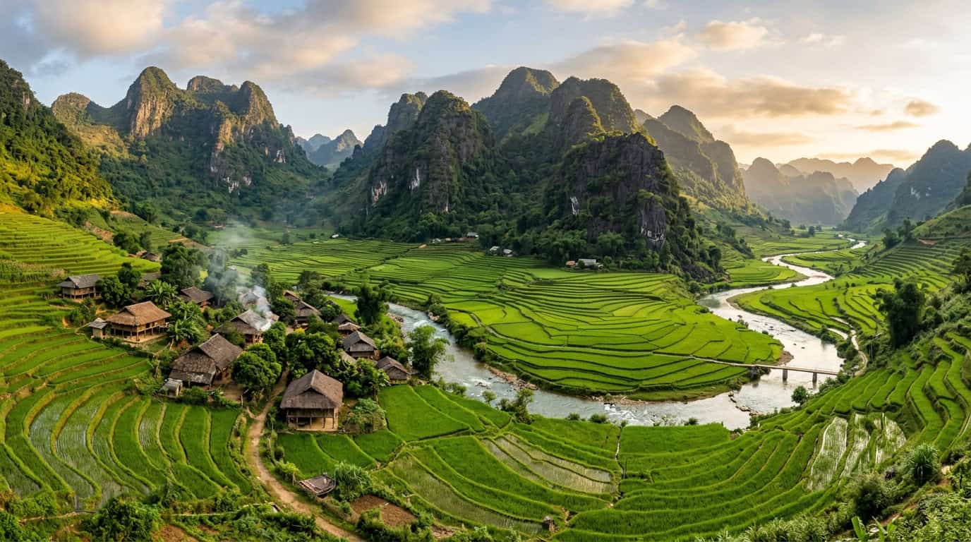 Panoramic view of Du Gia village valley with green rice terraces and limestone karst mountains in Ha Giang