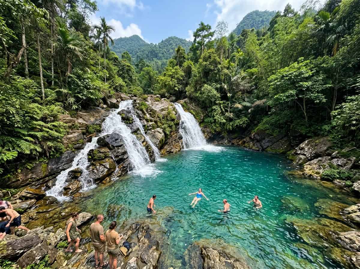 Crystal clear turquoise natural pool at Du Gia Waterfall in Ha Giang Vietnam
