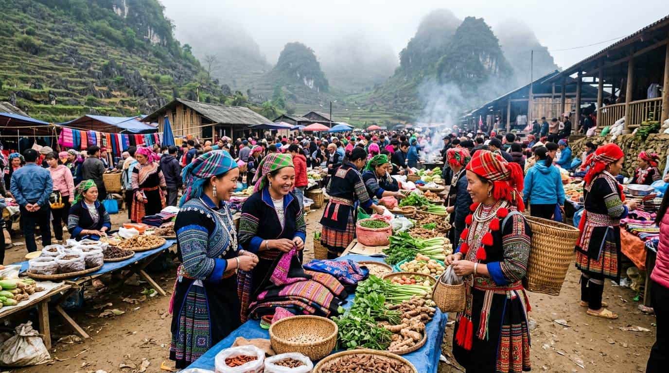 Hmong and Dao women in colorful traditional dress trading at an ethnic market in Ha Giang