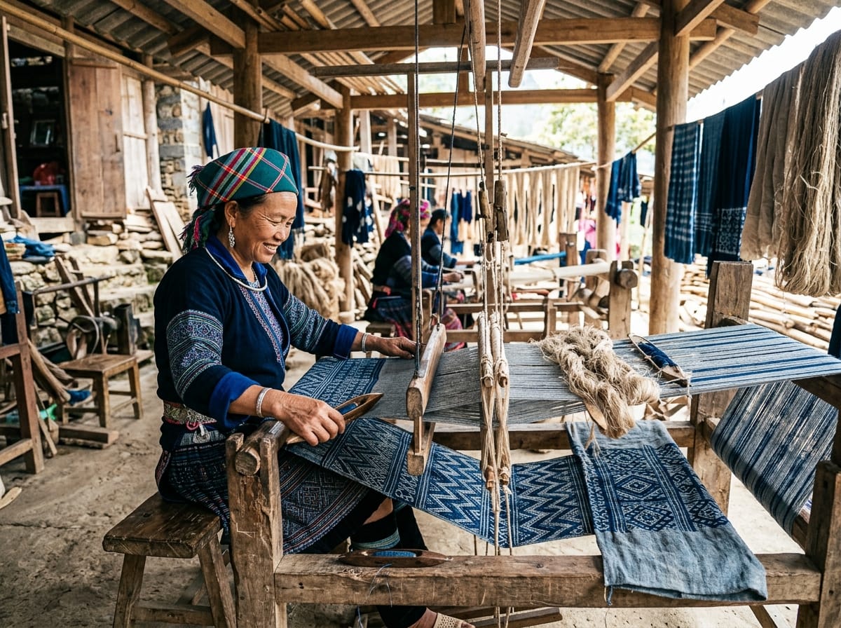 Hmong artisan woman weaving natural flax fibers on a traditional wooden loom at Lung Tam cooperative in Ha Giang