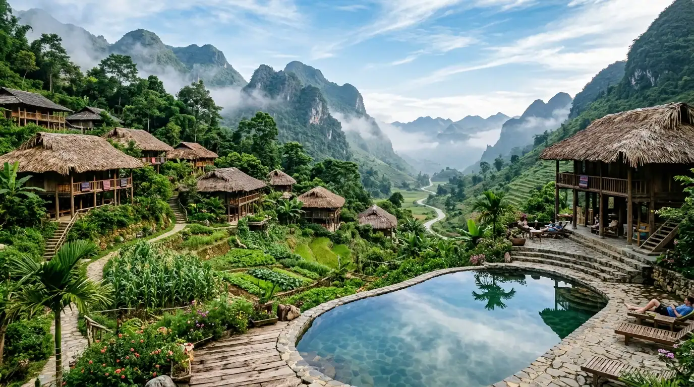 Panoramic view of TVPalm Ecolodge nestled against lush green mountains in Ha Giang with wooden bungalows and natural swimming pool