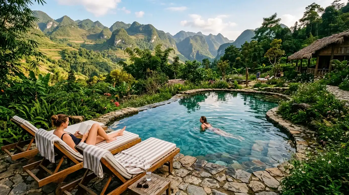 Crystal-clear natural spring-fed swimming pool built from river rocks overlooking green mountains at TVPalm Ecolodge Ha Giang
