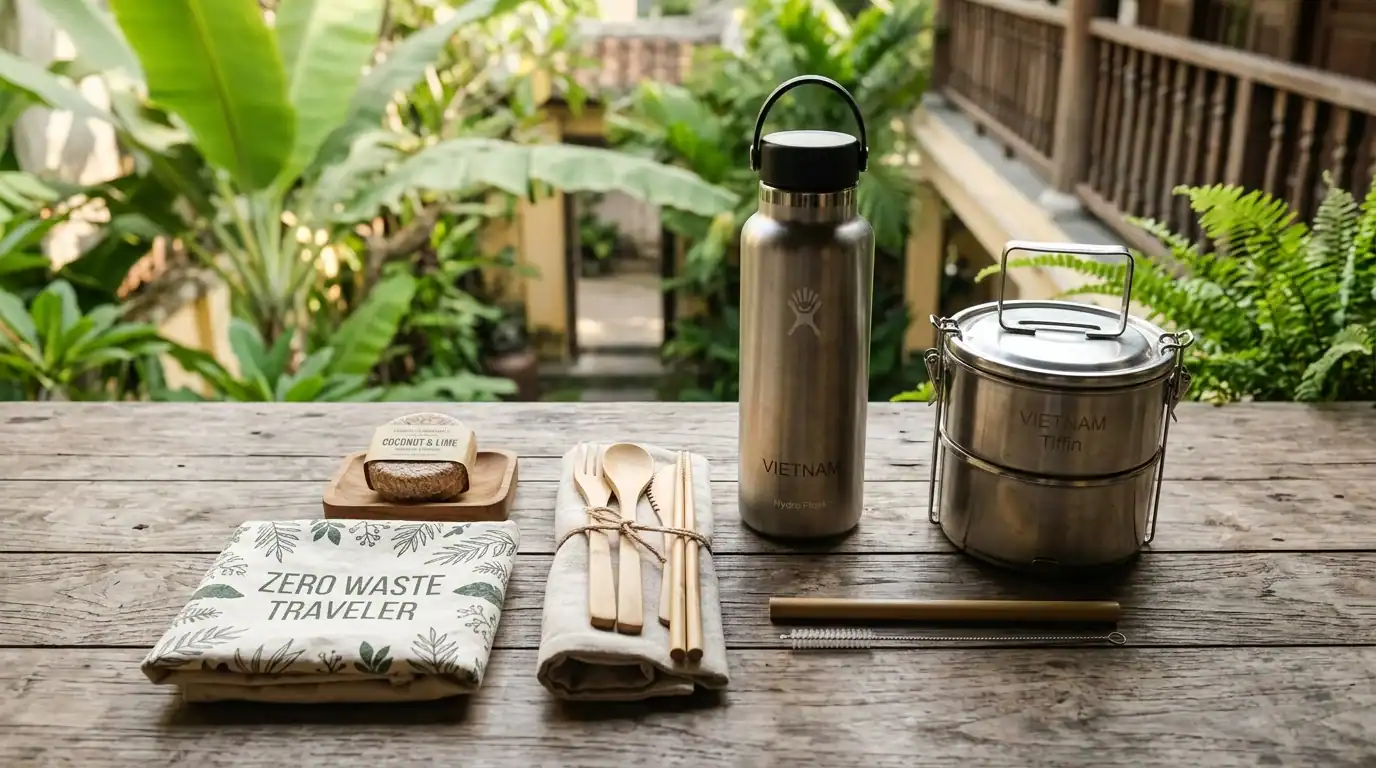 Plastic-free travel Vietnam gear kit with reusable water bottle, bamboo cutlery, tote bag, and solid toiletries