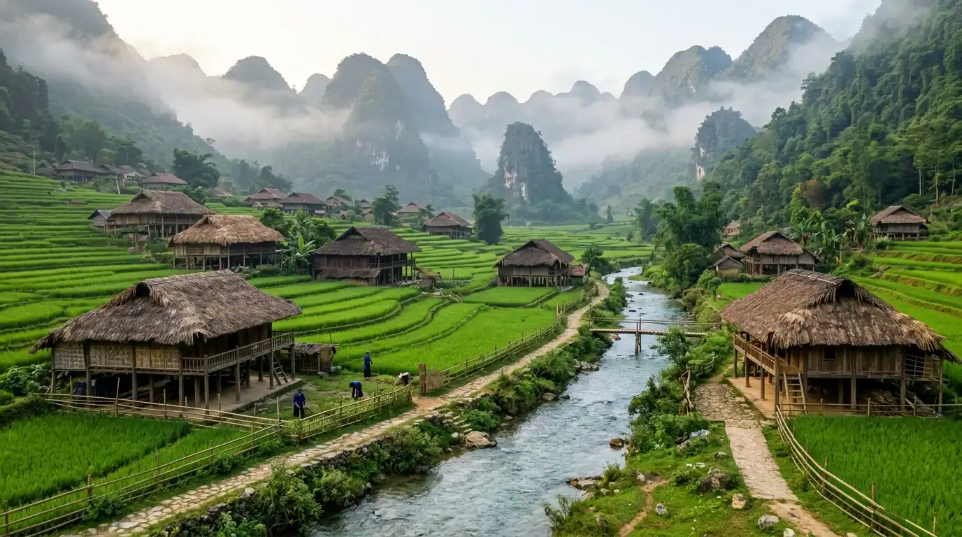 Quiet places in Ha Giang featuring peaceful ethnic stilt house village by a crystal clear stream and misty green karst mountains