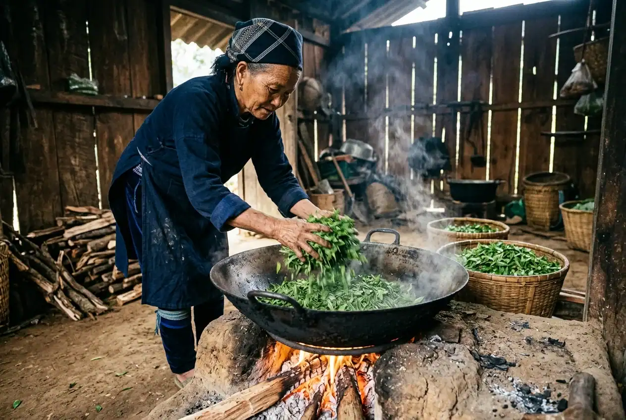 Dao tea artisan expertly pan-firing fresh Shan Tuyet tea leaves in a cast-iron wok over open wood fire in Ha Giang