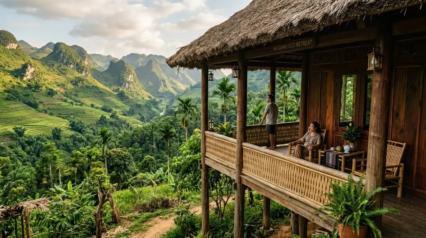 Traditional handcrafted wooden stilt bungalow with bamboo woven veranda overlooking misty mountain slopes in Ha Giang