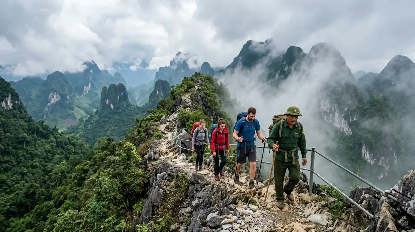 Primary subtropical cloud forest ridgeline on Mount Tay Con Linh shrouded in mist and ancient mossy trees