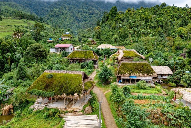 Moss-covered palm-leaf roofs of Dao homes in Xa Phin, the overnight stop on the two-day Dao village trek