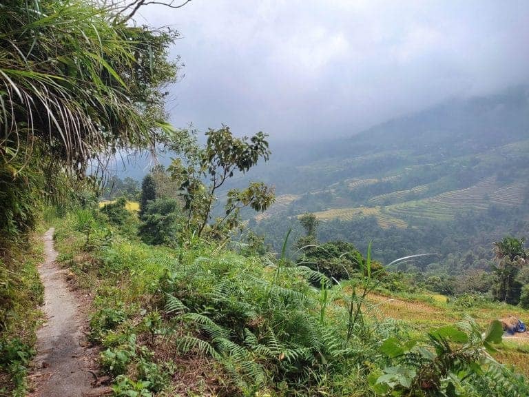 Footpath above the rice terraces of Lung Vai on the way to Lung Vai Waterfall