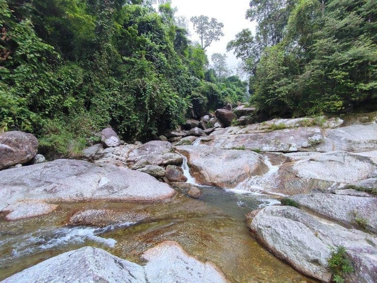 Small cascades over granite boulders on the Lung Vai stream, forested valley above
