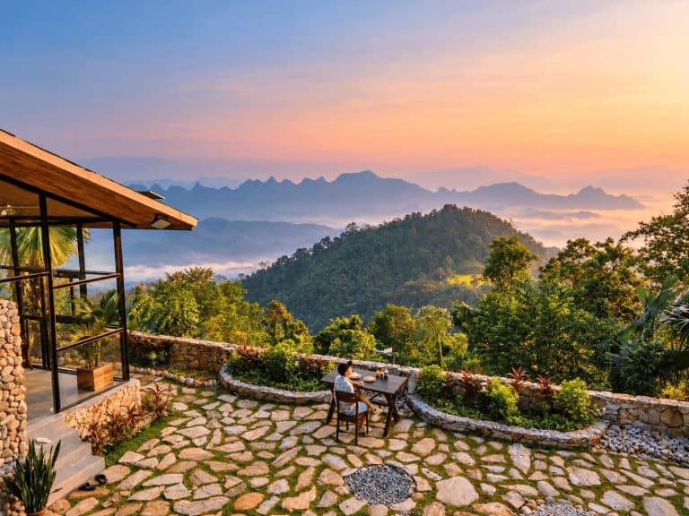 Breakfast on the stone terrace at TVPalm Ecolodge at sunrise