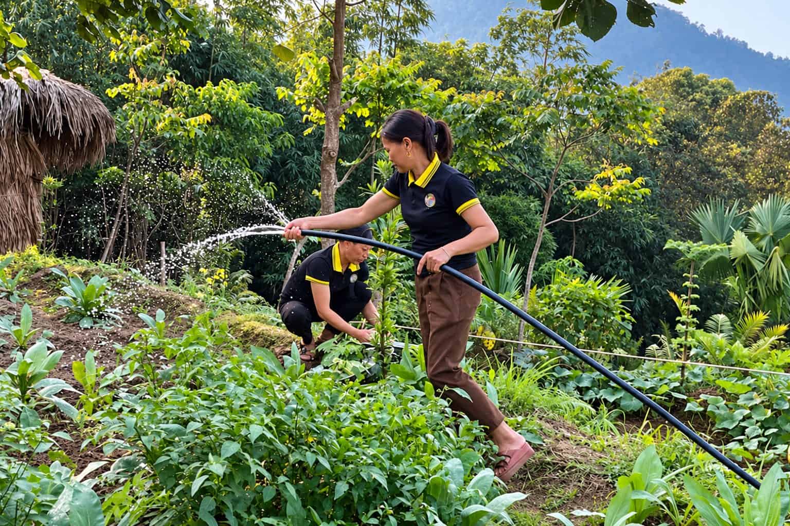 Phòng nghỉ TVPalm Ecolodge Hà Giang 25 Hai nhân viên TVPalm Ecolodge tưới và chăm vườn rau trên sườn núi