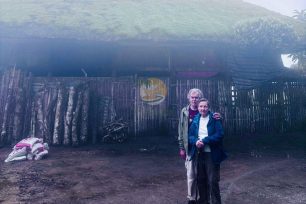 Couple admiring the unique bamboo architecture in Dao Ao Dai Villages